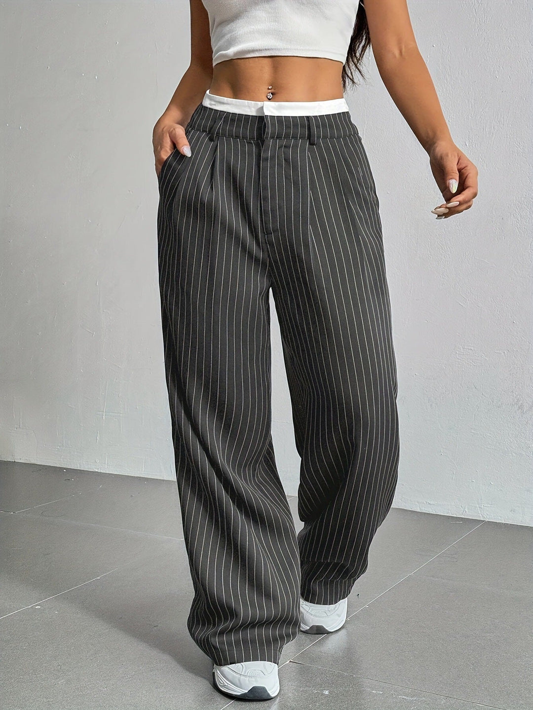 Elegant women's high waist wide leg striped trousers for a modern, sophisticated outfit.
