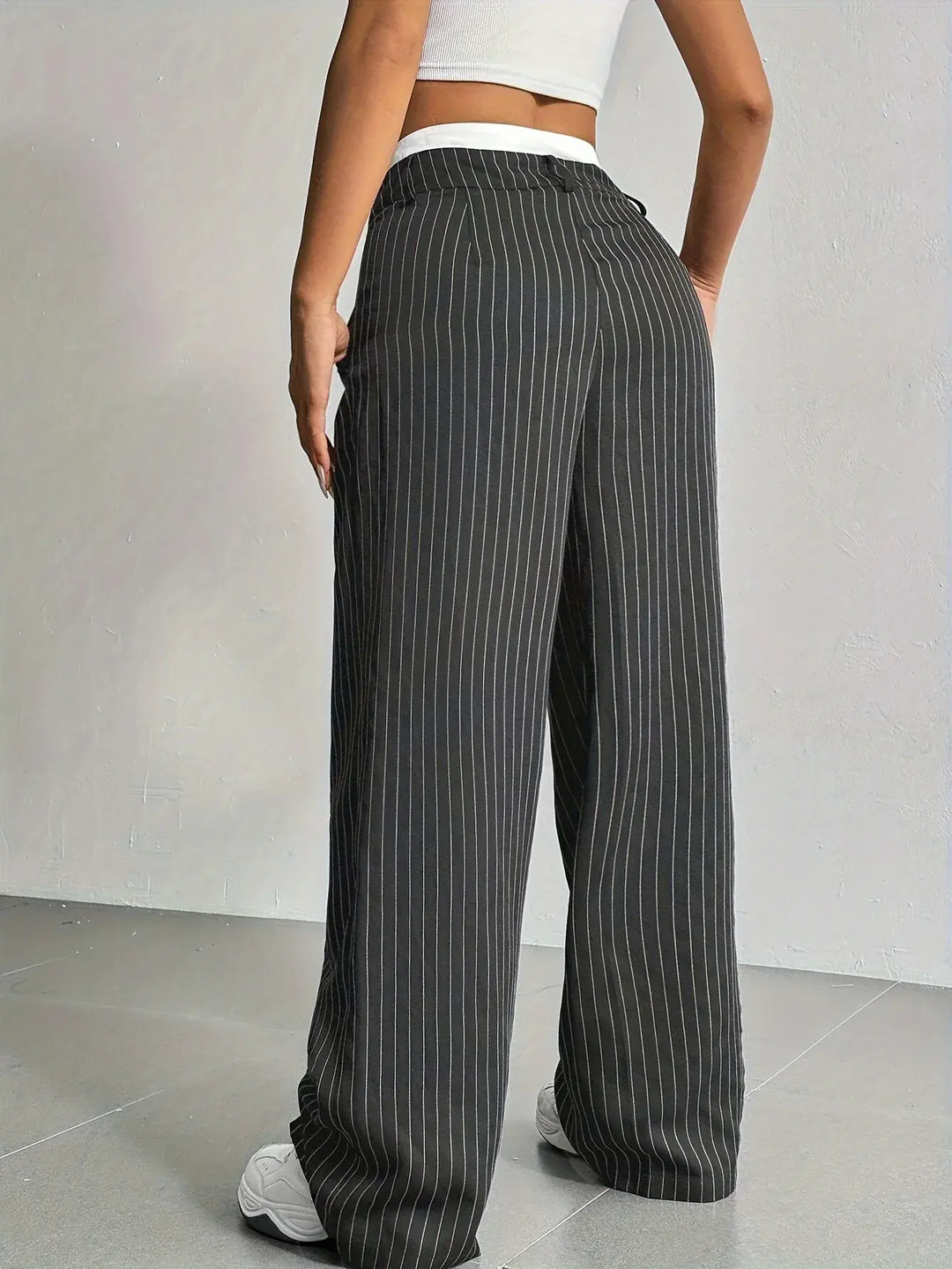 Relaxed fit women's striped wide leg pants, comfortable and stylish for all-day wear.