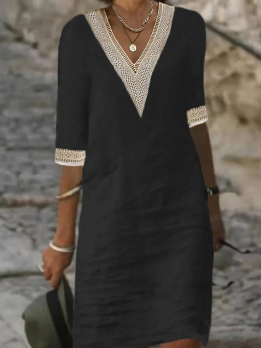 Stylish women's V-neck lace trim casual dress, versatile for everyday wear and comfortable spring outfits.