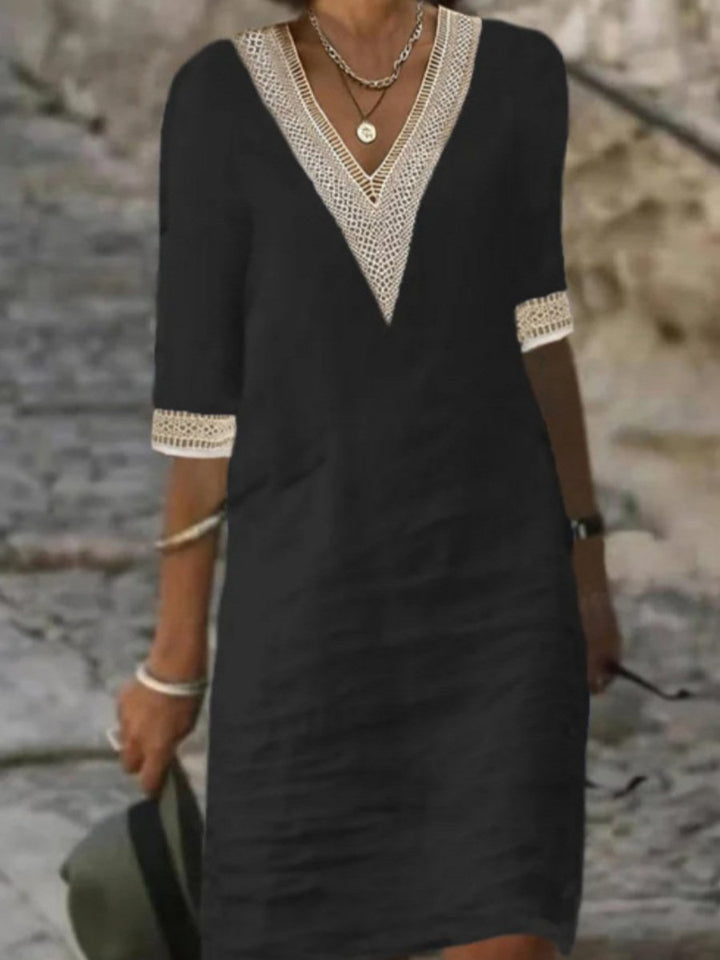 Stylish women's V-neck lace trim casual dress, versatile for everyday wear and comfortable spring outfits.