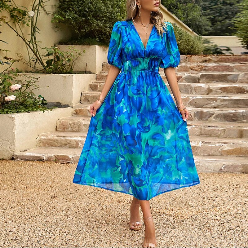 Comfortable short-sleeve V-neck midi dress for women, offering effortless elegance for summer days.