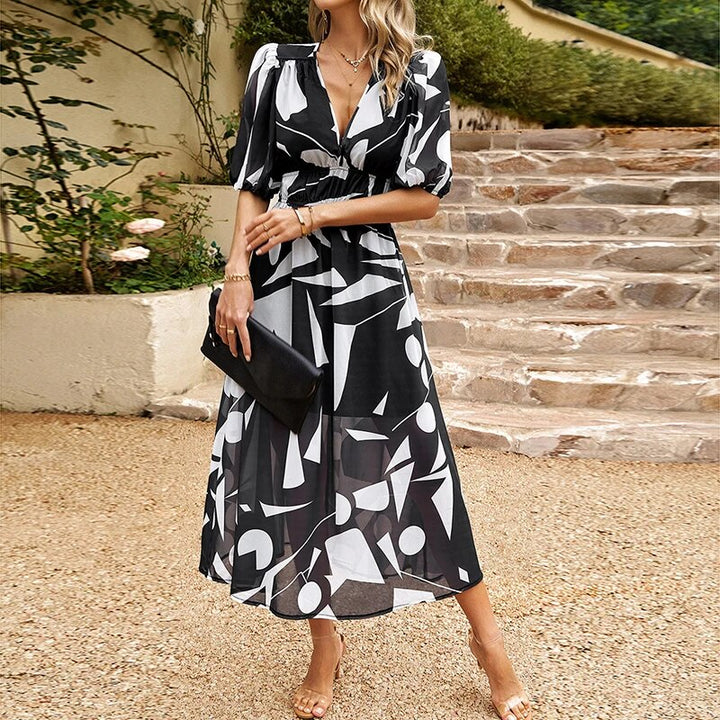 Effortless summer style: women's casual V-neck midi dress with short sleeves for ultimate comfort.