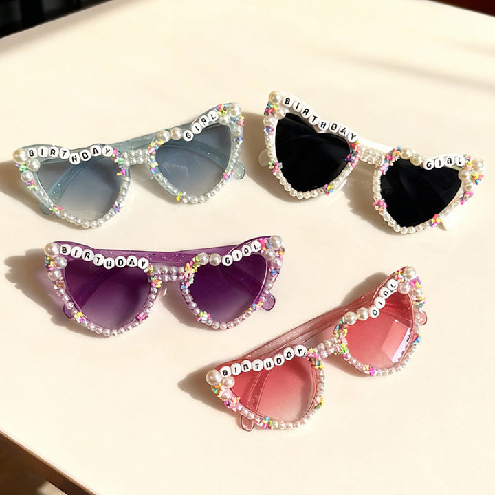 "Birthday Girl" cat-eye sunglasses for women, adorned with pearls, ideal for a festive party look.