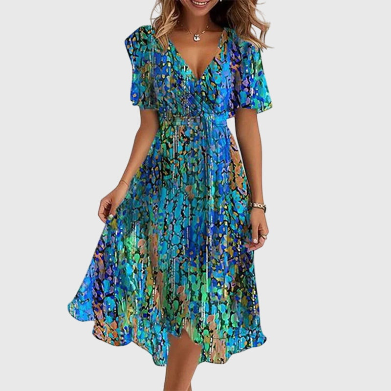 Women's Catalina Chic Midi Dress with flutter sleeves & V-neck, perfect for summer elegance.