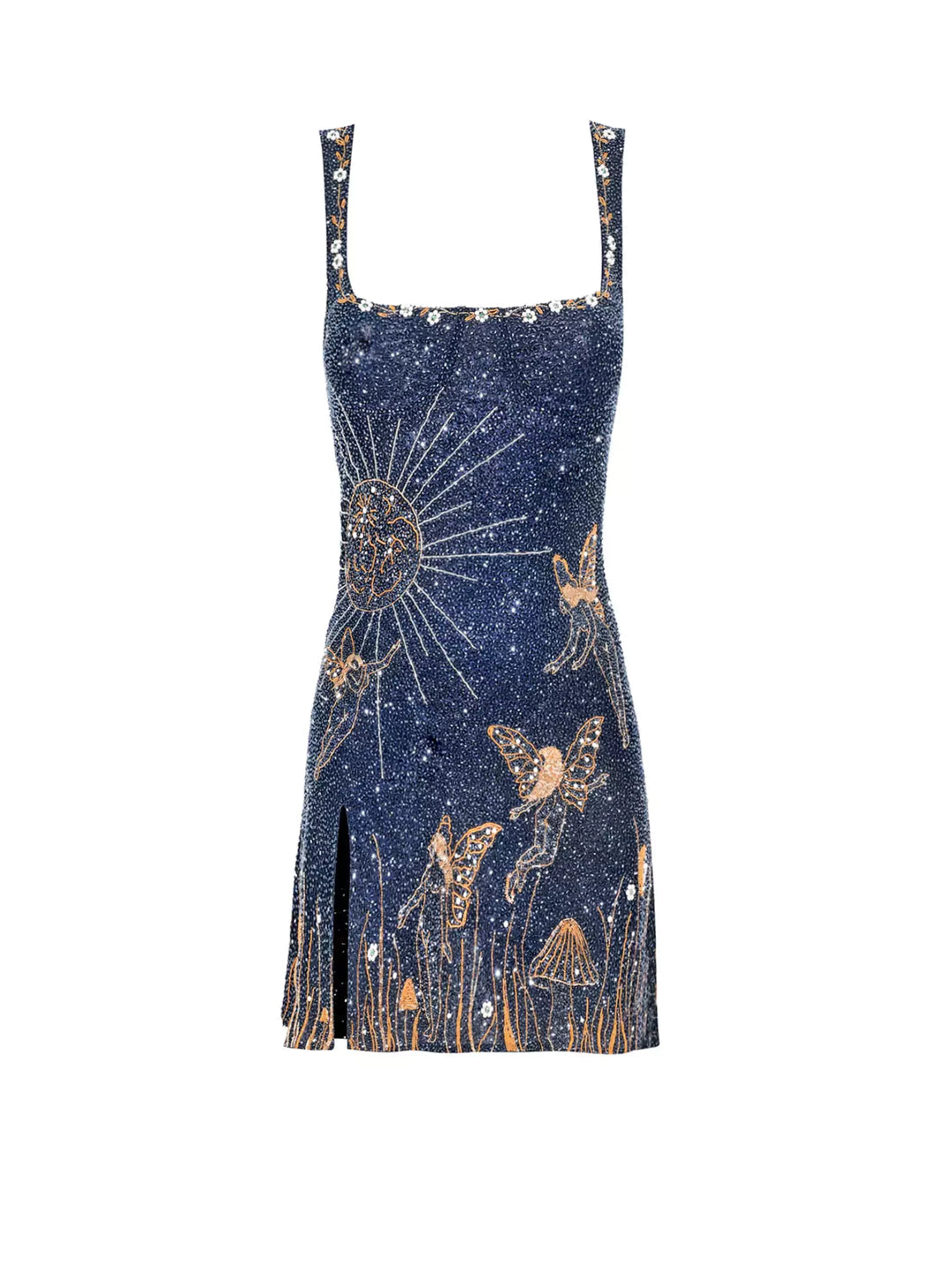 Women's celestial print bodycon mini dress with square neck. Perfect for trendy summer parties & clubwear.