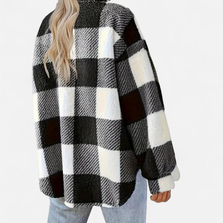 Luxurious women's plush checkered coat, providing cozy warmth and chic winter style for cold weather.