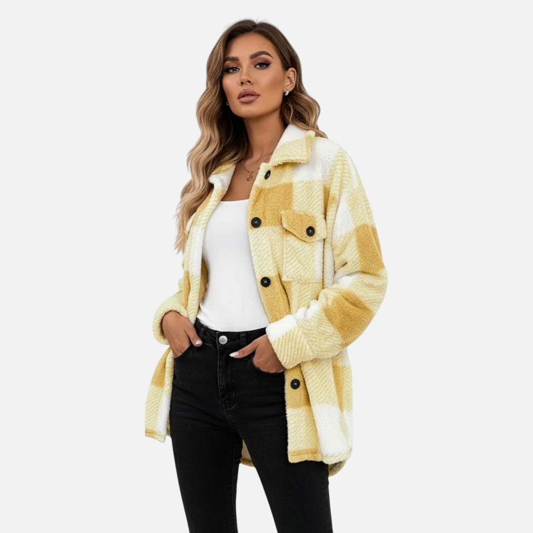 Stylish women's checkered plush winter jacket, perfect for elegant warmth during cold autumn days.