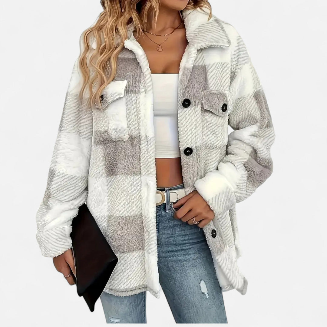 Elegant & warm women's plush checkered winter coat, a cozy fashion statement for ladies' outerwear.