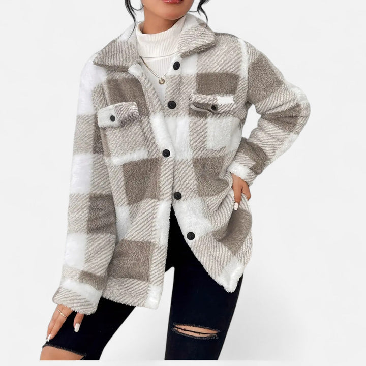 Ladies' checkered winter jacket, soft plush fabric for ultimate warmth, comfort, and stylish fashion.