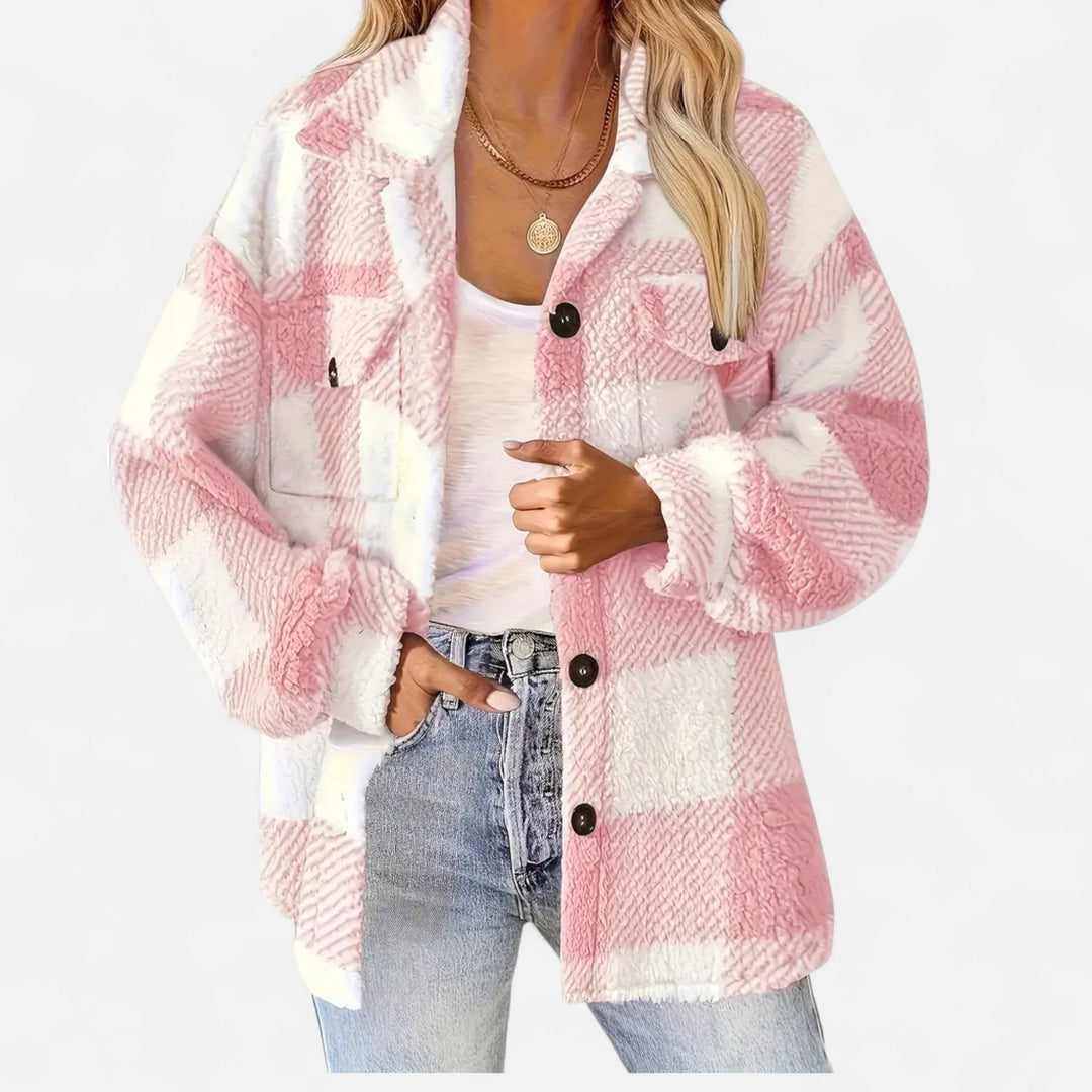 Fashionable women's plush checkered coat, a warm and stylish winter outerwear for elegant ladies.