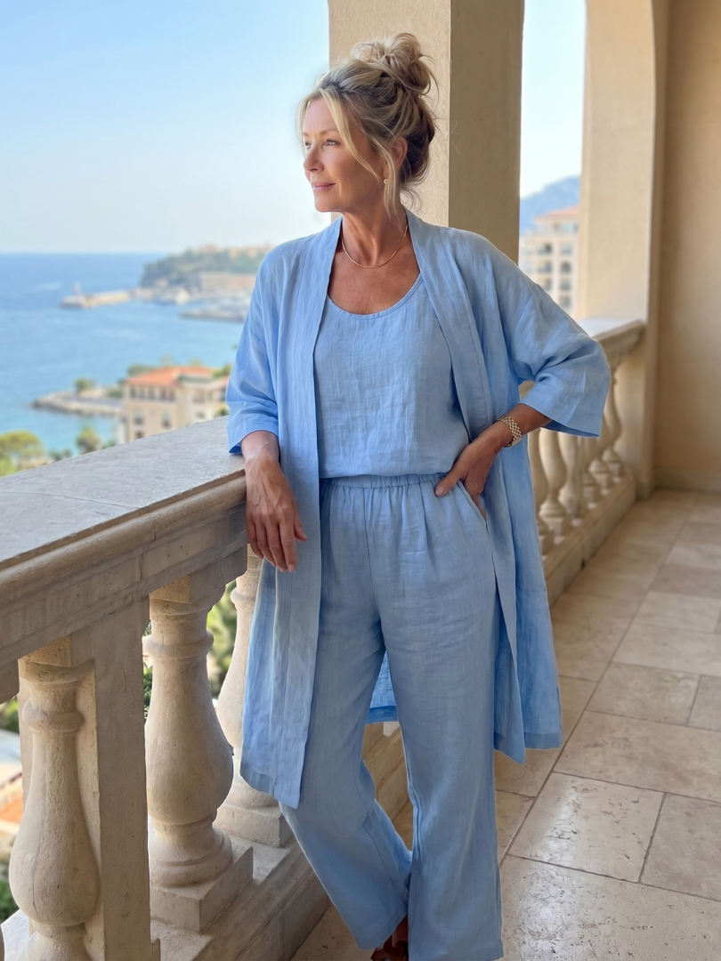 Women's wide leg pant set with a relaxed fit top, a versatile three-piece clothing item.