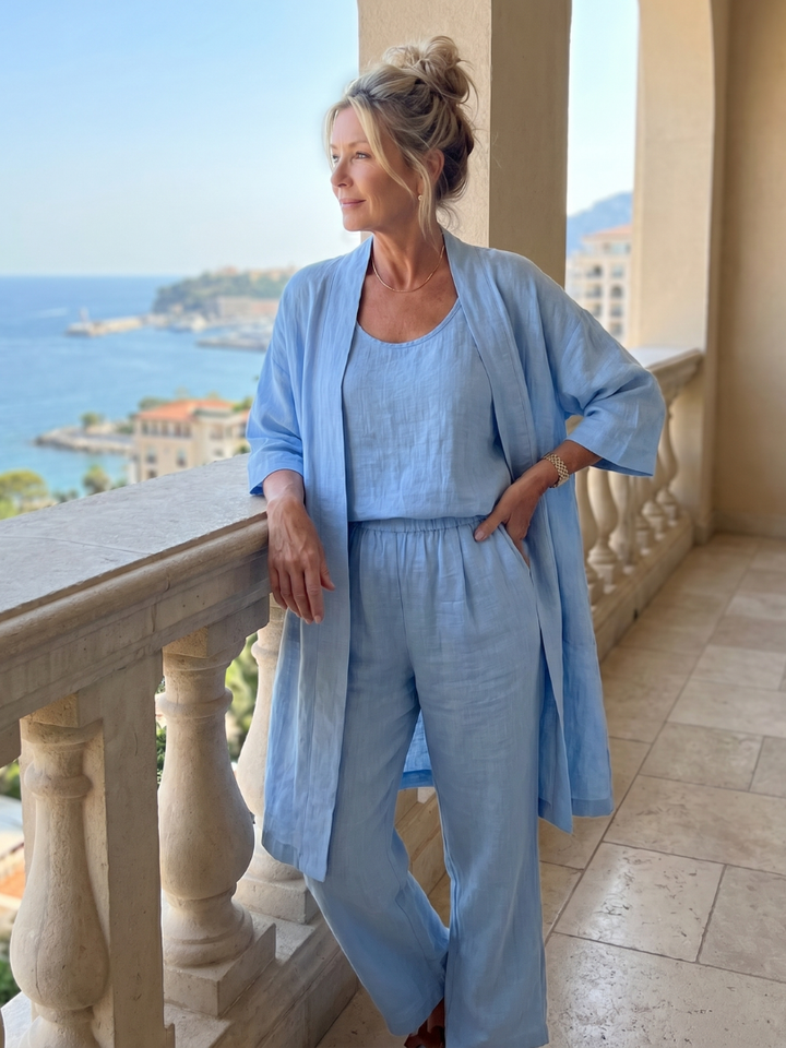 Women's wide leg pant set with a relaxed fit top, a versatile three-piece clothing item.
