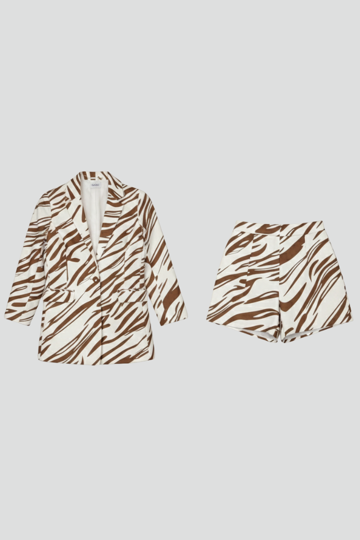 Statement women's animal print blazer & shorts. A trendy co-ord outfit, ideal for a bold and fashionable look.