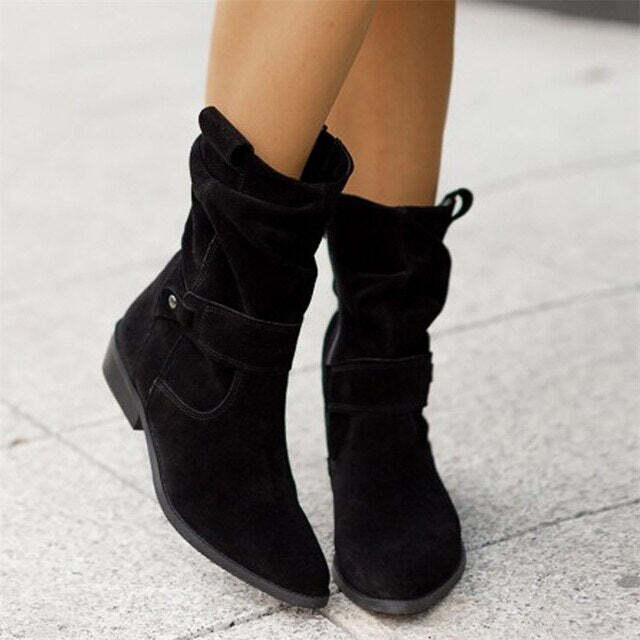 Stylish women's slouch ankle boots featuring a chic buckle detail and comfortable low heel for casual wear.