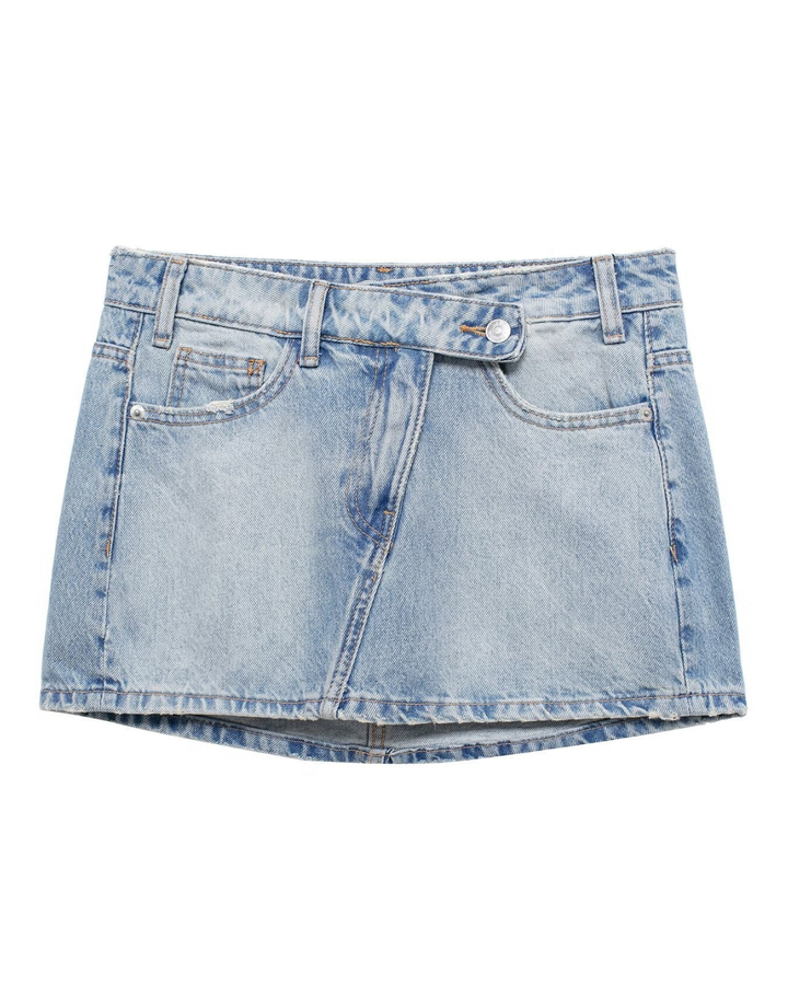 Trendy women's high-waisted denim mini skirt with an asymmetric waist, ideal for summer festivals & casual outfits.