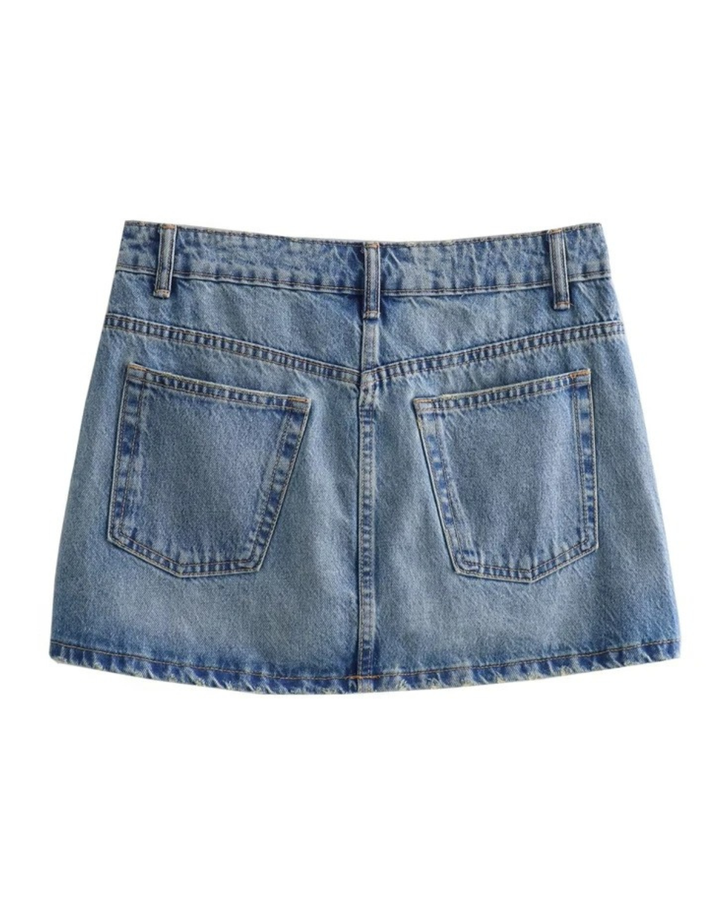 Stylish denim mini skirt for women, featuring a unique asymmetric high waist, great for a trendy everyday look.