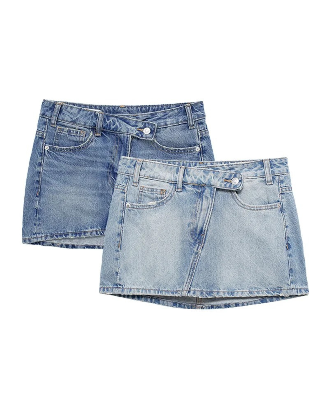 Modern women's chic denim mini skirt, designed with an asymmetric waist for a trendy summer and everyday style.