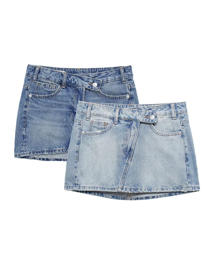 Modern women's chic denim mini skirt, designed with an asymmetric waist for a trendy summer and everyday style.