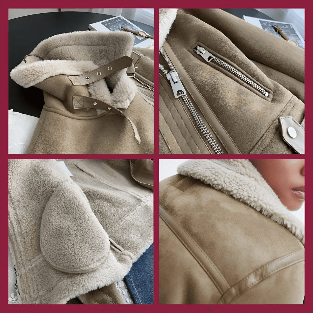 Women's aviator bomber jacket laid flat, showcasing its full design and structure.