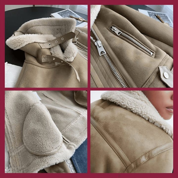 Women's aviator bomber jacket laid flat, showcasing its full design and structure.