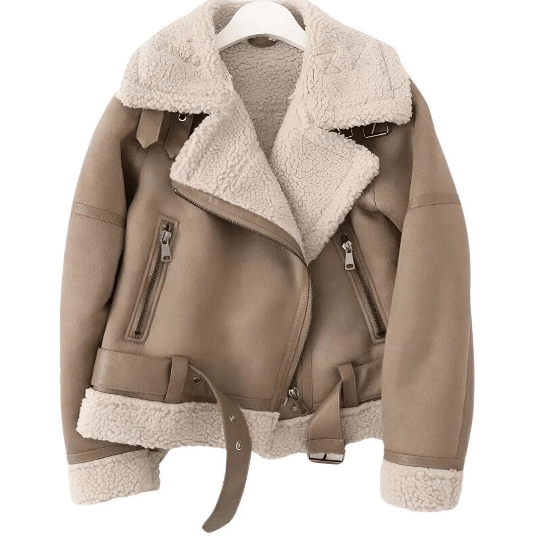 Front view of women's edgy aviator bomber jacket with full zip closure and pockets.