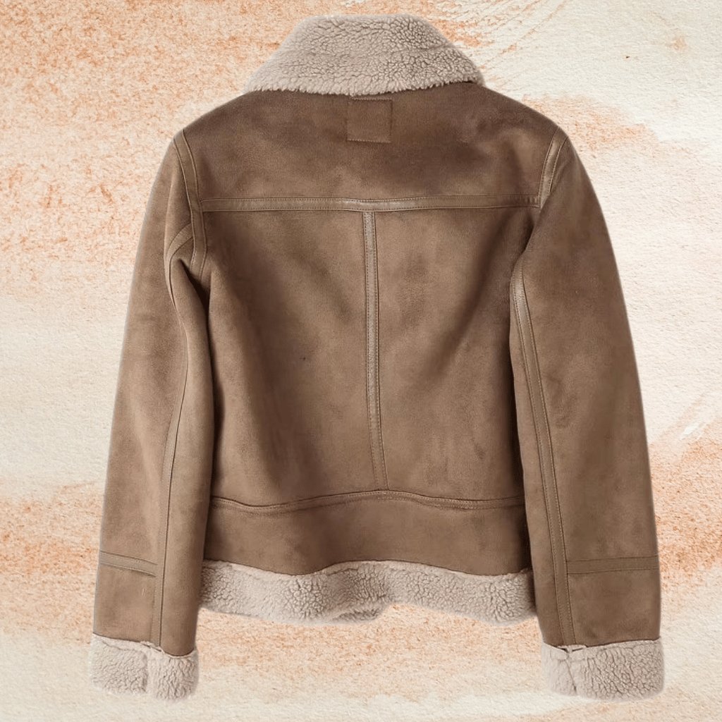 Side profile of a women's chic aviator jacket, a trendy statement piece for casual wear.