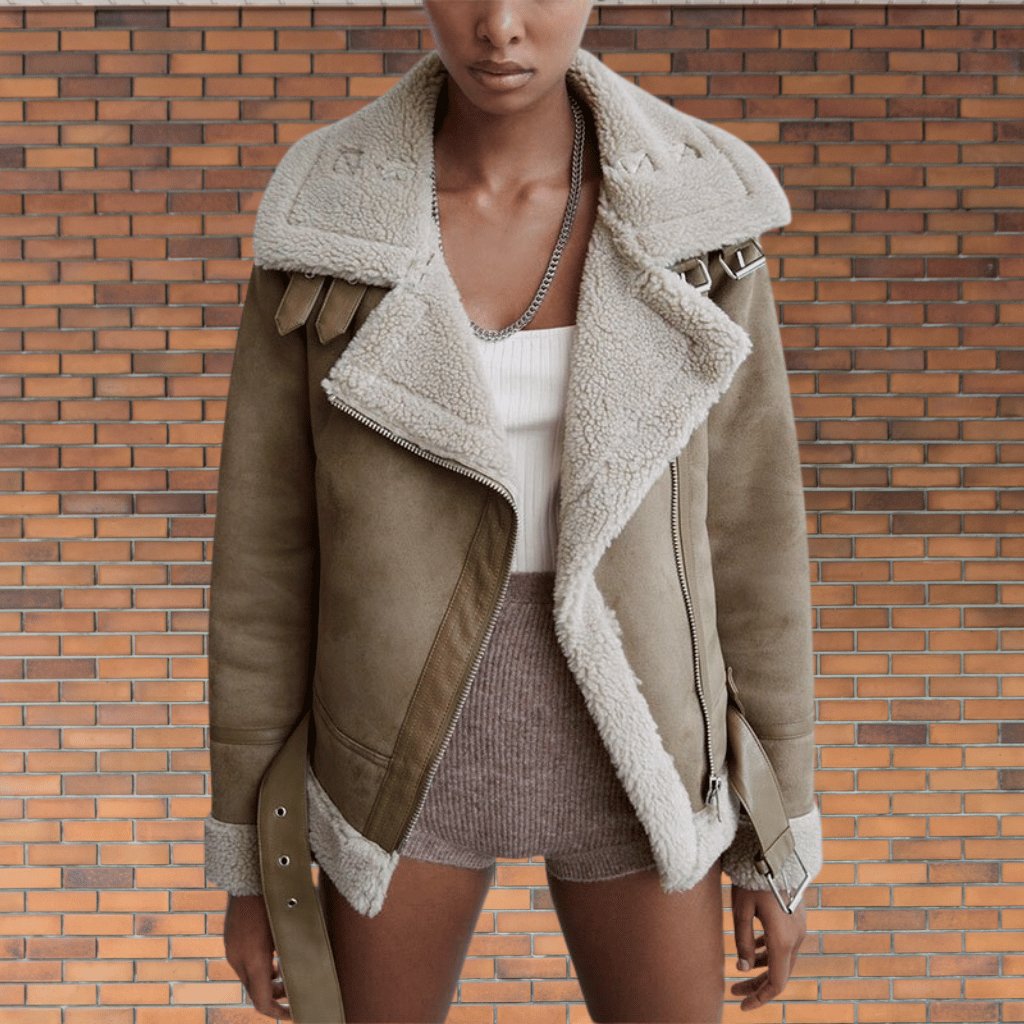 Close-up of the belted waist and robust zip on a women's edgy bomber jacket for style.