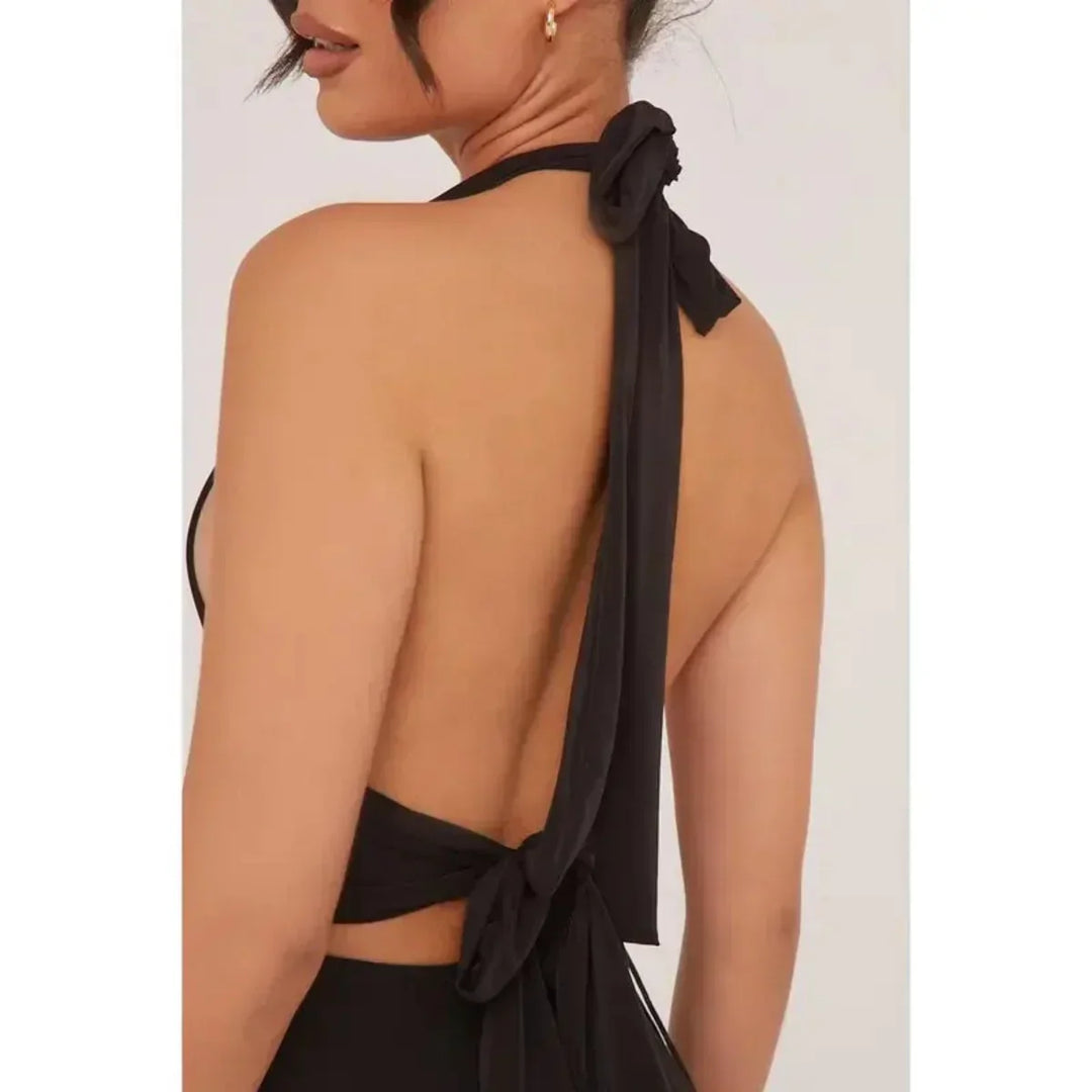 Modern women's backless halter mini dress, a versatile short dress for evening, cocktails or special events.