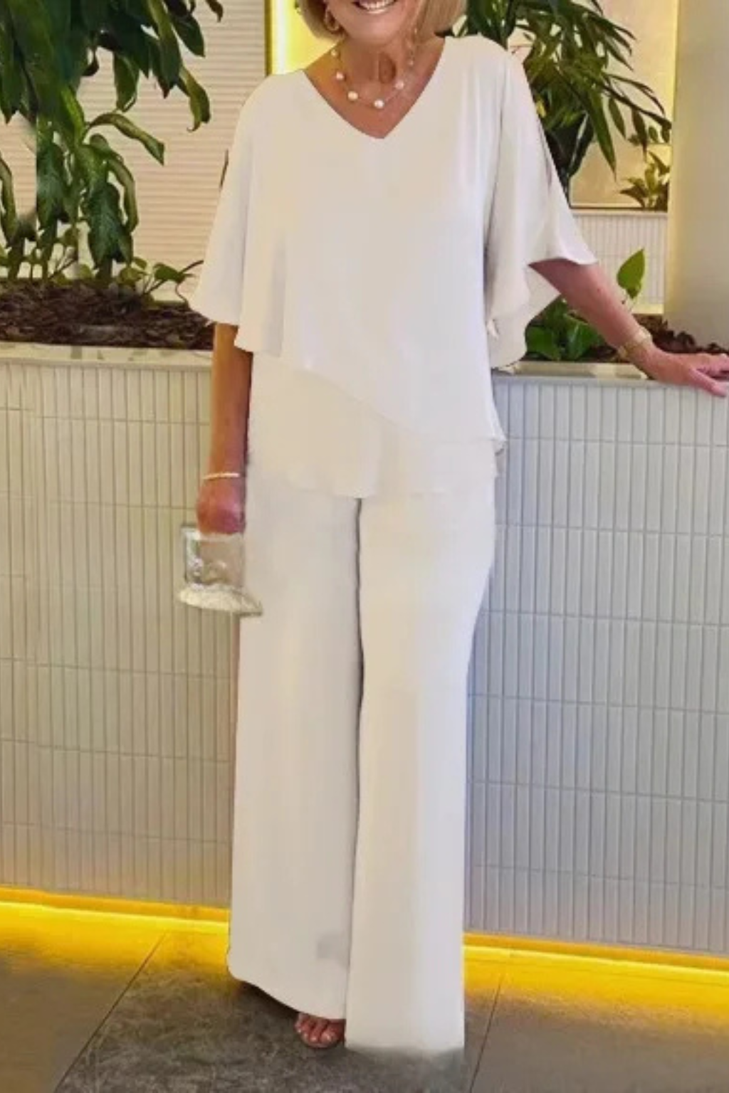 Sophisticated women's batwing top & wide leg trousers set. A comfortable & stylish coordinated outfit.