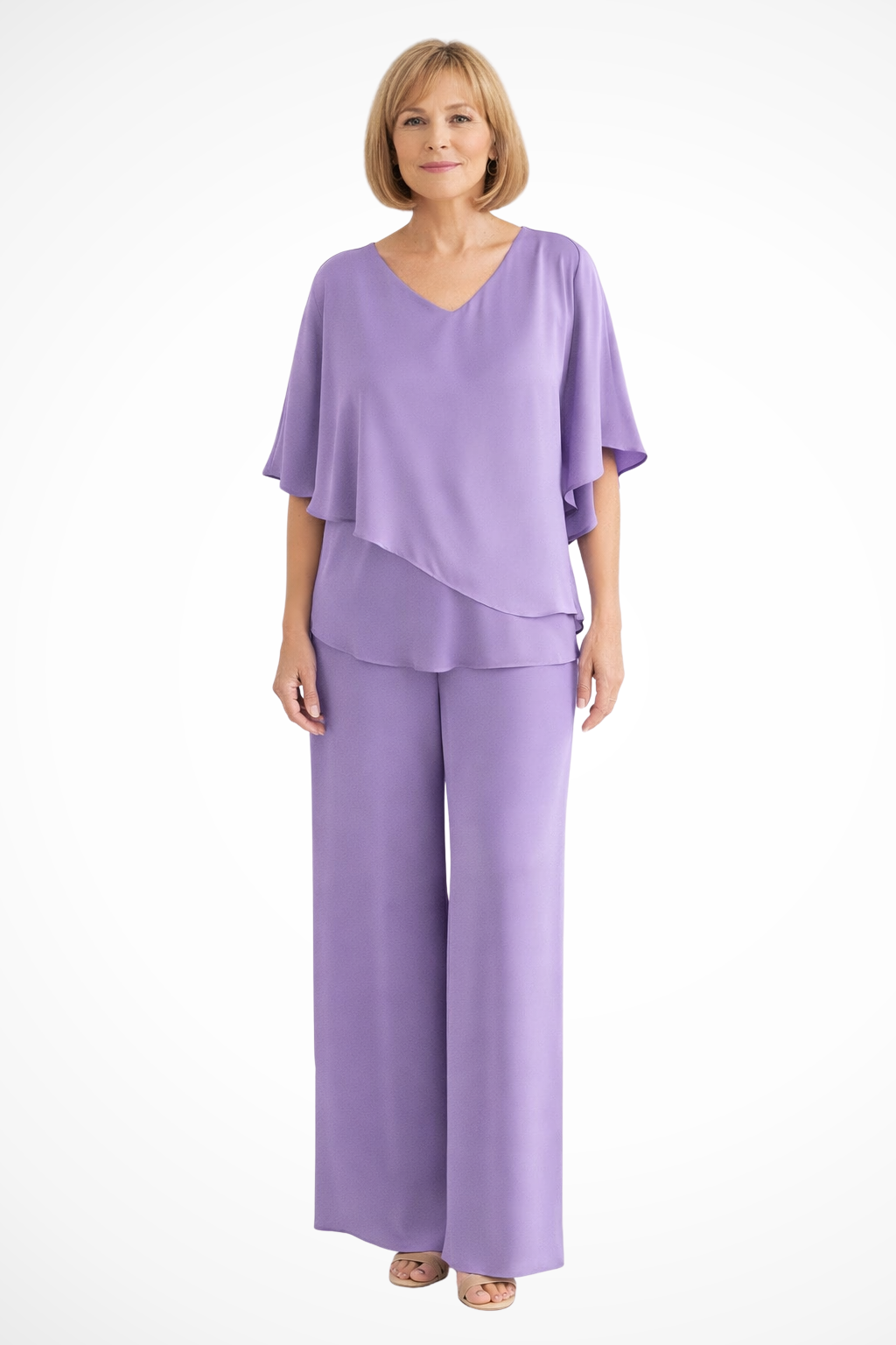 Stylish women's batwing top and wide-leg trousers set. A comfortable two-piece for everyday fashion.