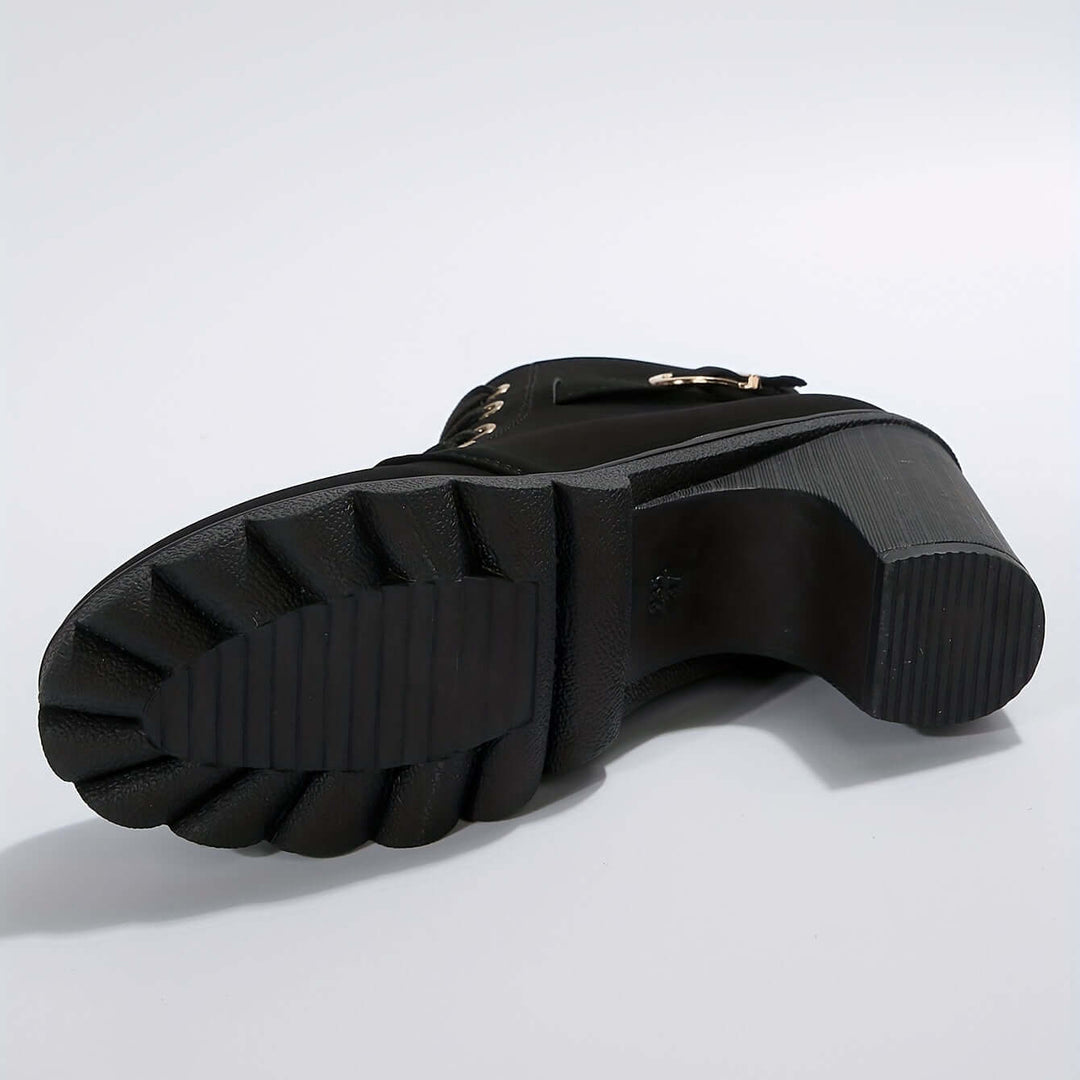 Women's chic ankle boots, black block heel, stylish buckle & non-slip sole. Comfortable & fashionable.