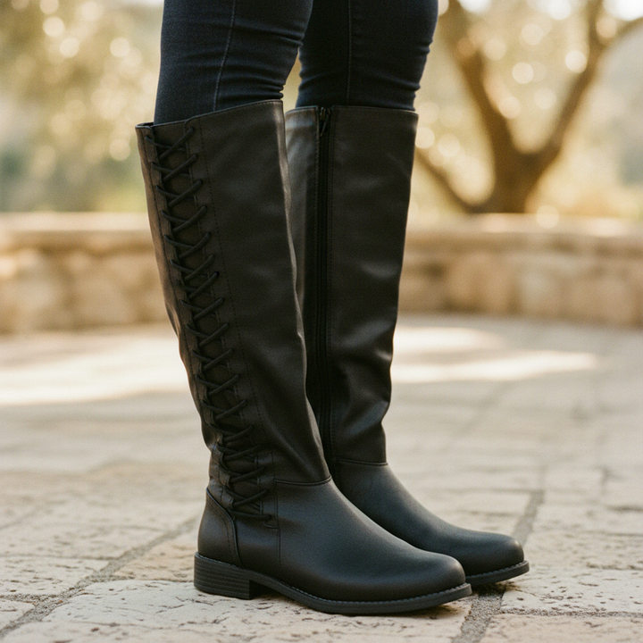 Women's chic black lace-up knee-high boots with side zip. Fashionable and versatile for all seasons.