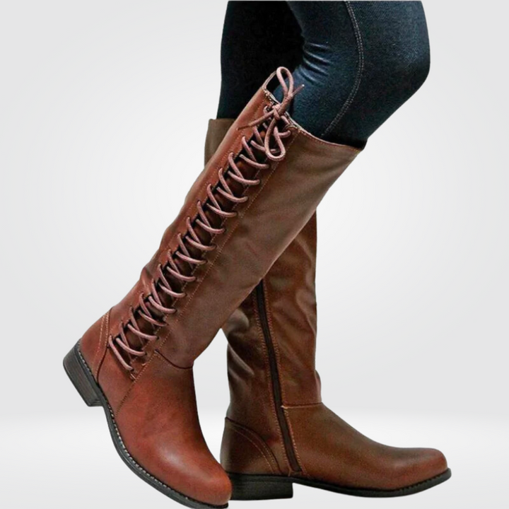 Versatile women's knee-high lace-up boots, ideal for all-season wear. Available in black, beige, and brown.