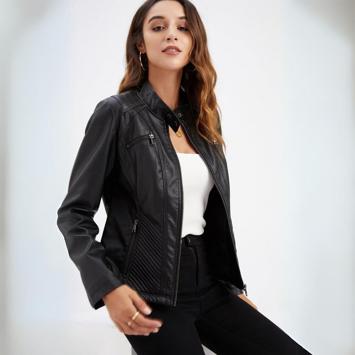 Women's chic black leather jacket, slim fit, versatile elegant outerwear for fashion.
