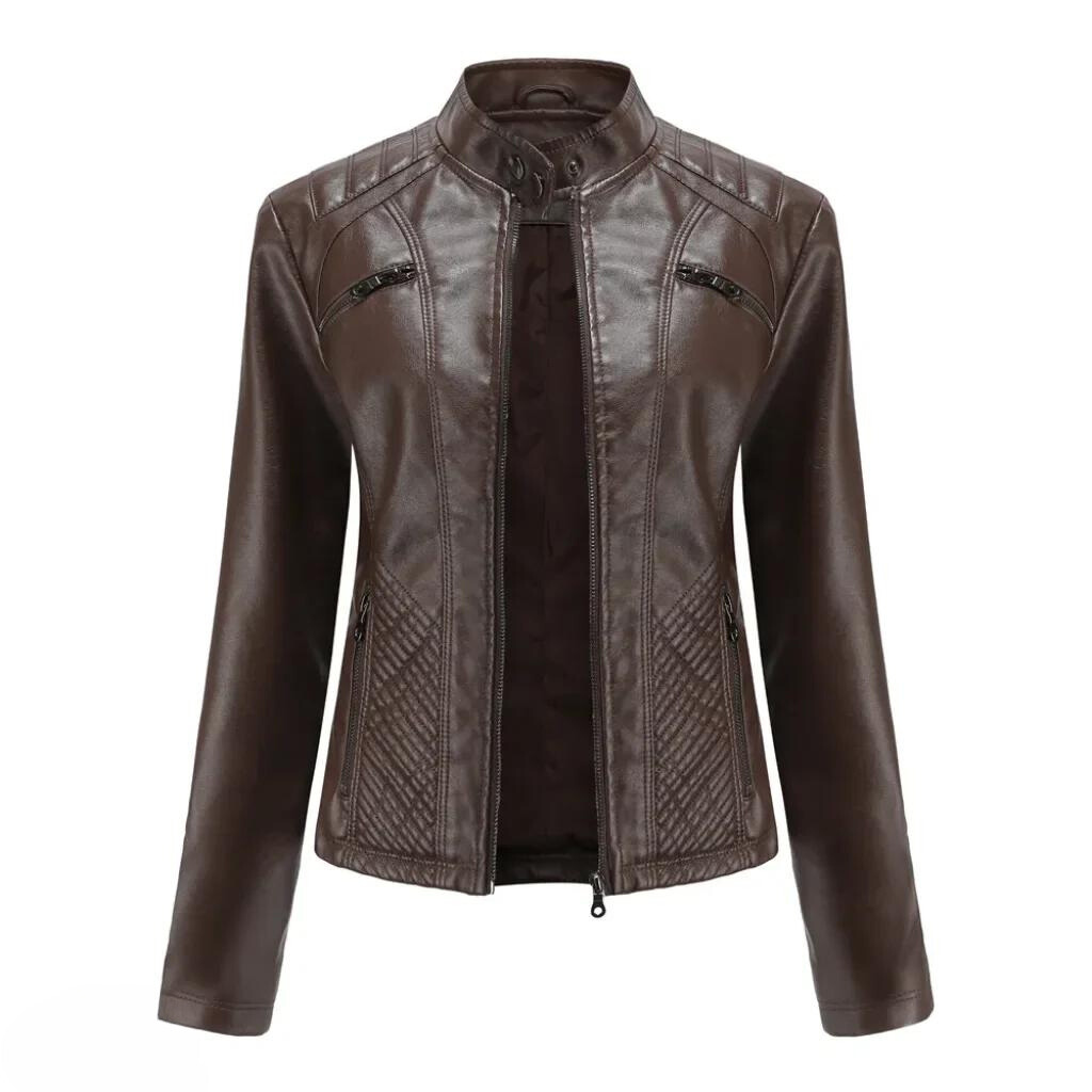 Wine red versatile women's leather jacket, chic, elegant everyday wear.