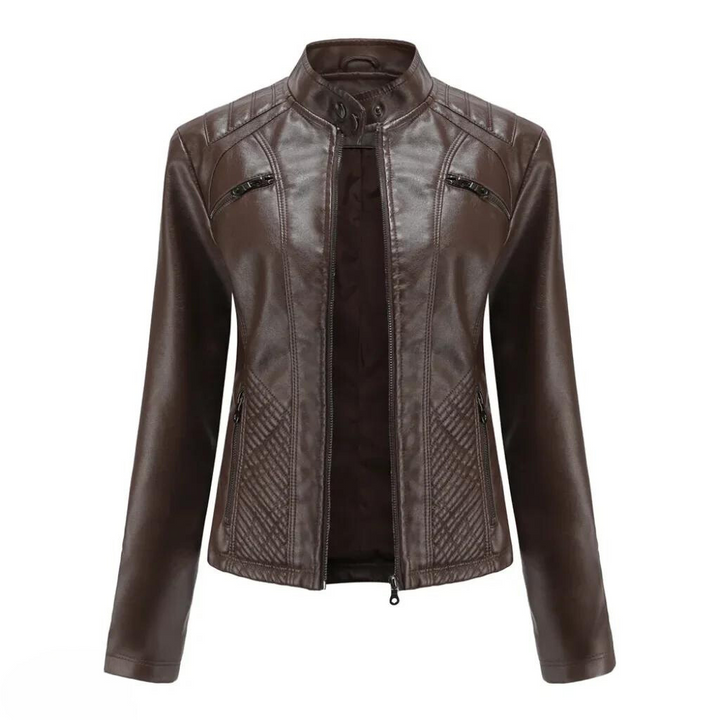 Wine red versatile women's leather jacket, chic, elegant everyday wear.