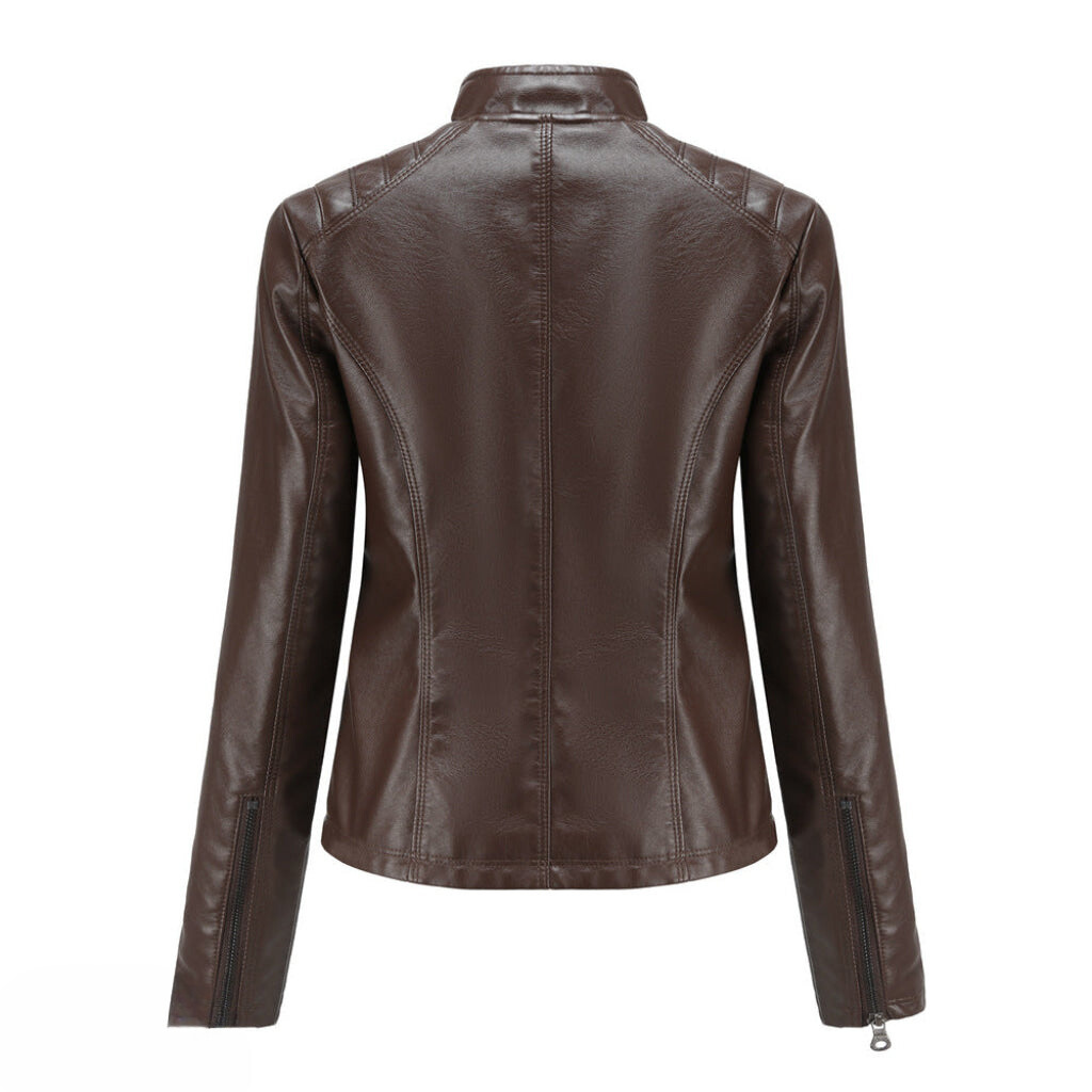 Lavender women's chic leather jacket, slim fit, versatile and elegant fashion.