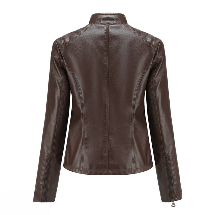 Lavender women's chic leather jacket, slim fit, versatile and elegant fashion.