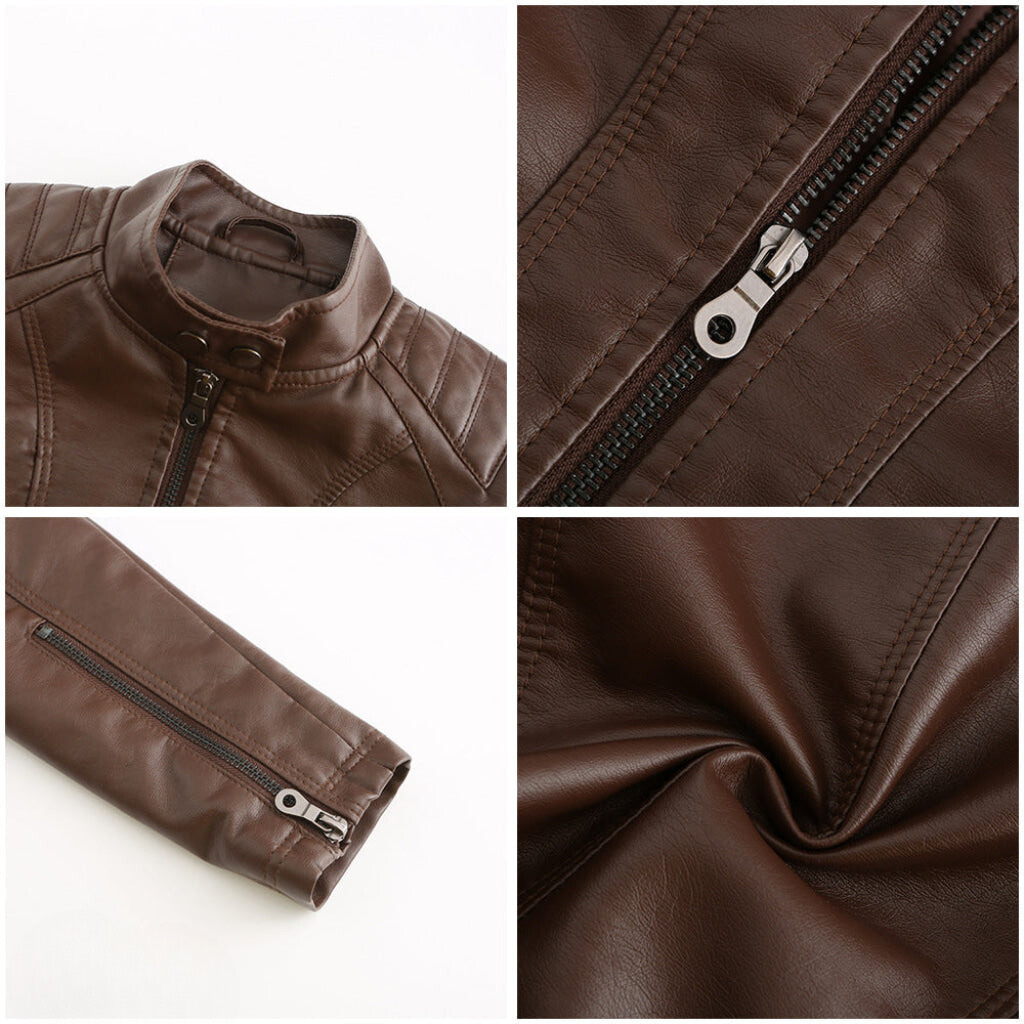 Pink versatile women's leather jacket, chic slim fit, elegant fashion outerwear.