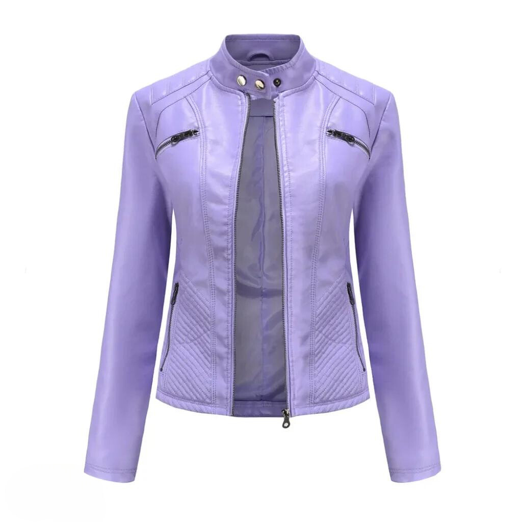 Women's chic brown leather jacket, versatile everyday style, slim fit outerwear.