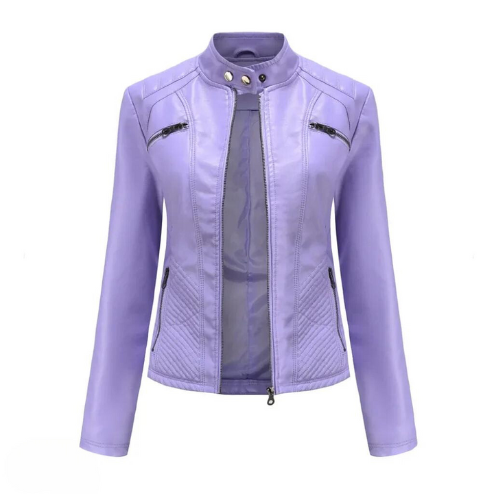 Women's chic brown leather jacket, versatile everyday style, slim fit outerwear.