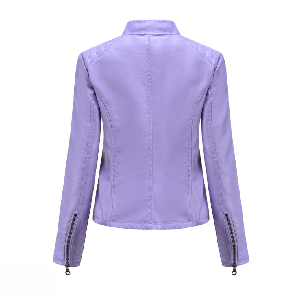 Elegant black women's leather jacket, versatile everyday fashion, slim fit.