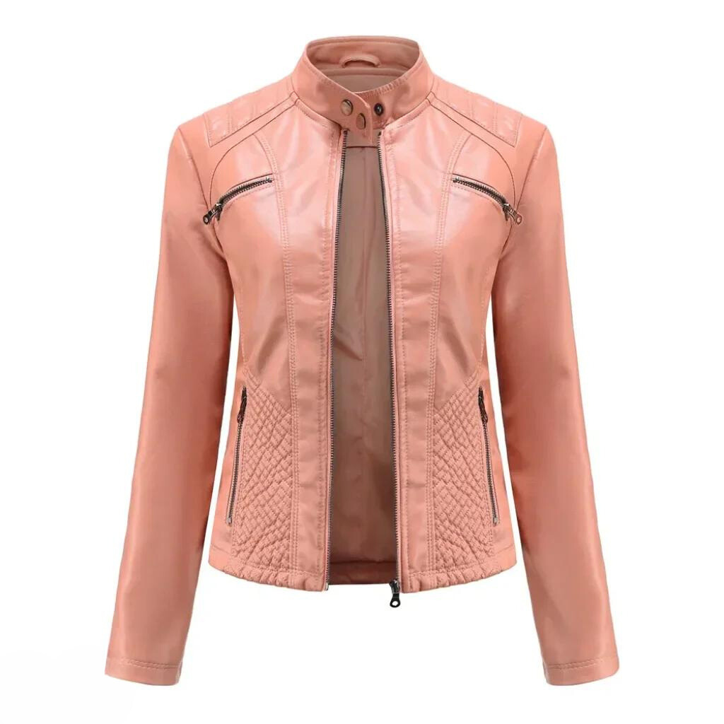 Wine red women's leather jacket, versatile everyday fashion, chic statement piece.