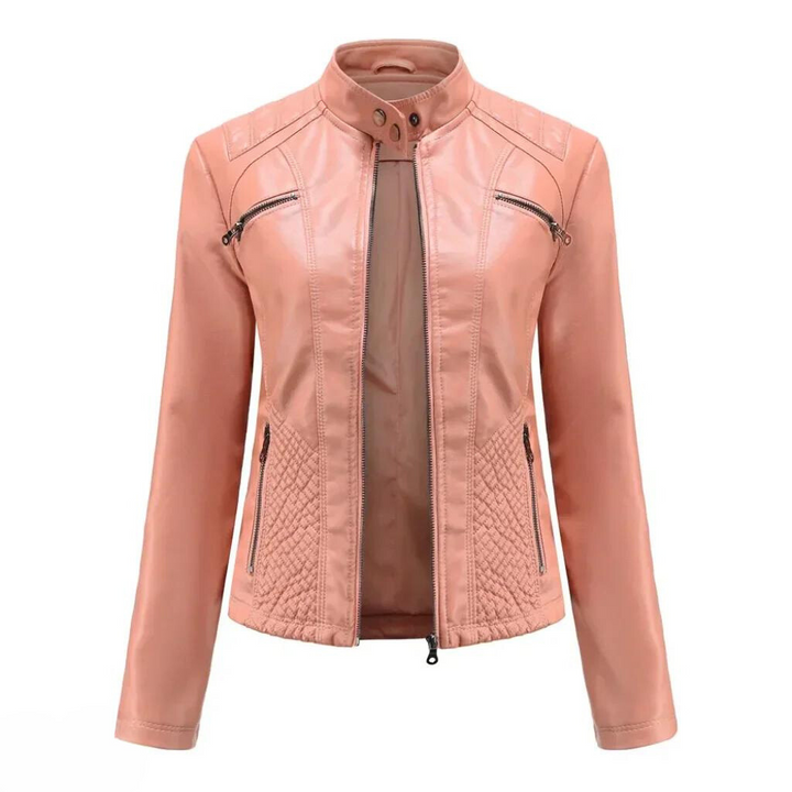 Wine red women's leather jacket, versatile everyday fashion, chic statement piece.