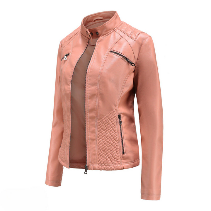 Lavender slim fit women's leather jacket, versatile chic elegant outerwear.