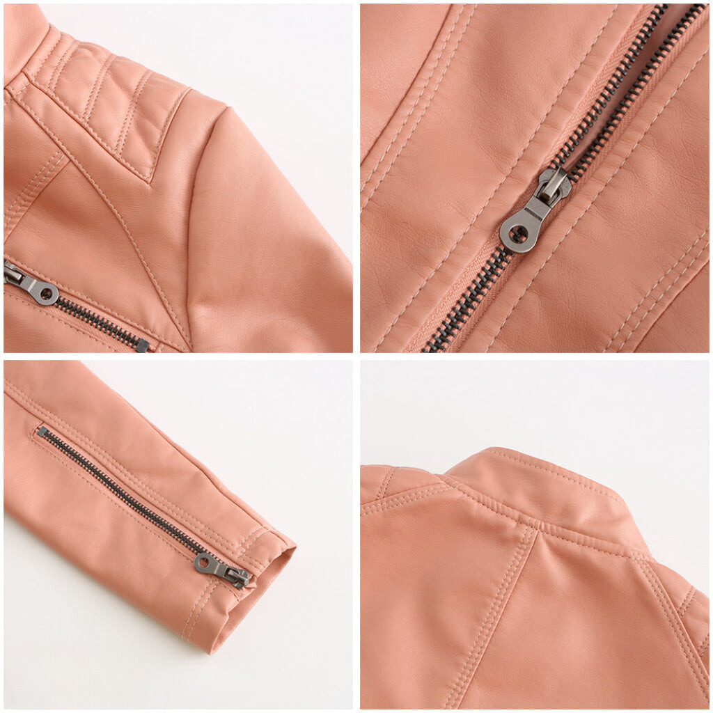 Pink women's chic leather jacket, versatile, everyday wear, fashion statement.