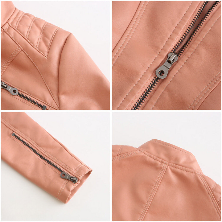 Pink women's chic leather jacket, versatile, everyday wear, fashion statement.