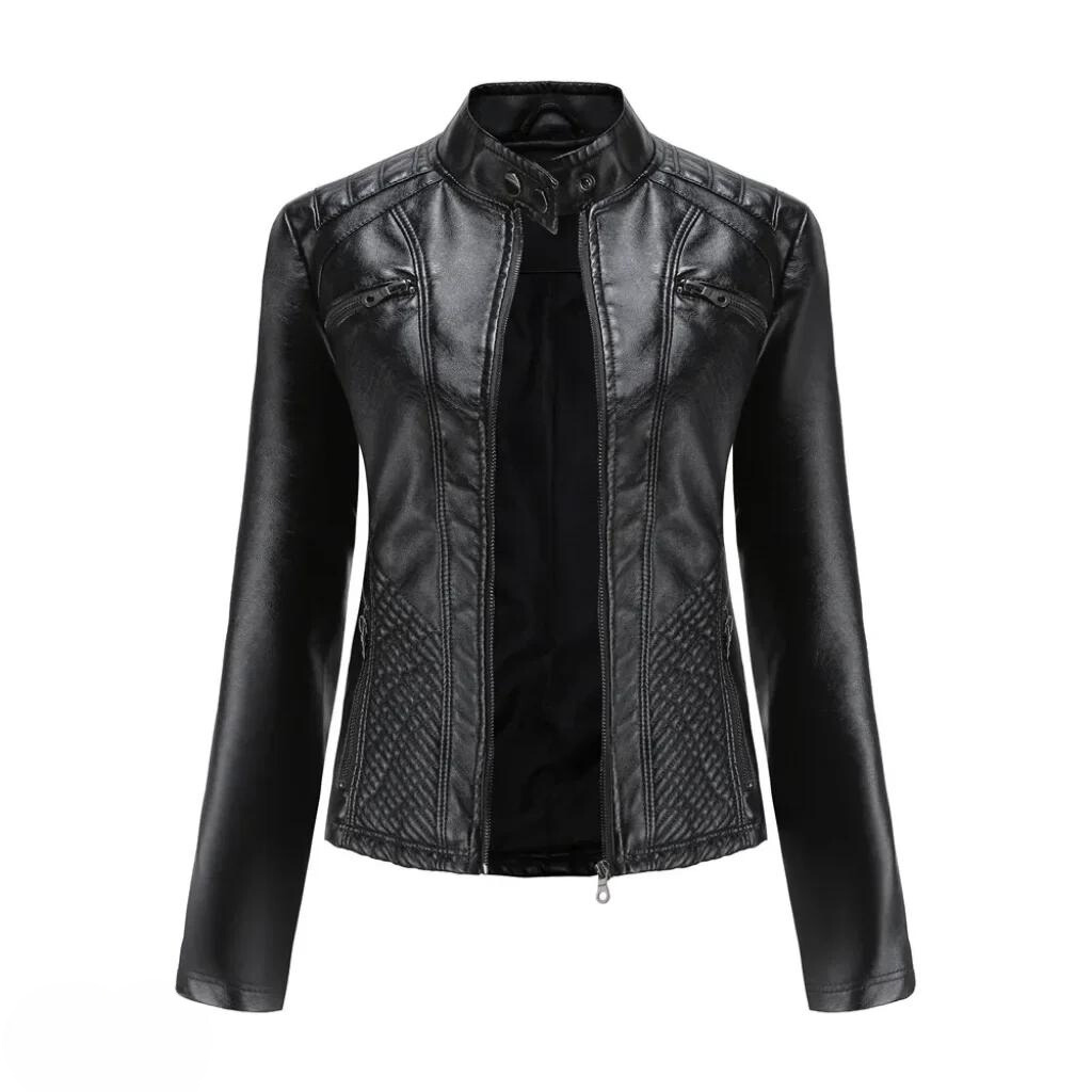 Elegant brown women's leather jacket, versatile chic outerwear, everyday wear.
