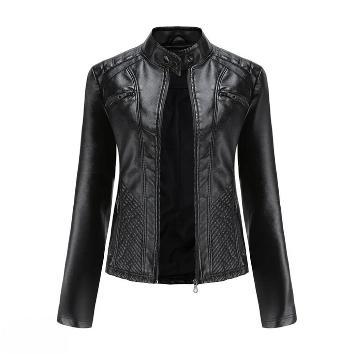 Elegant brown women's leather jacket, versatile chic outerwear, everyday wear.