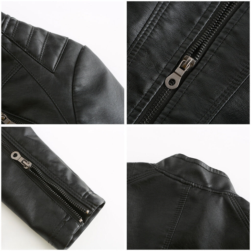 Wine red women's slim fit leather jacket, versatile chic fashion statement piece.